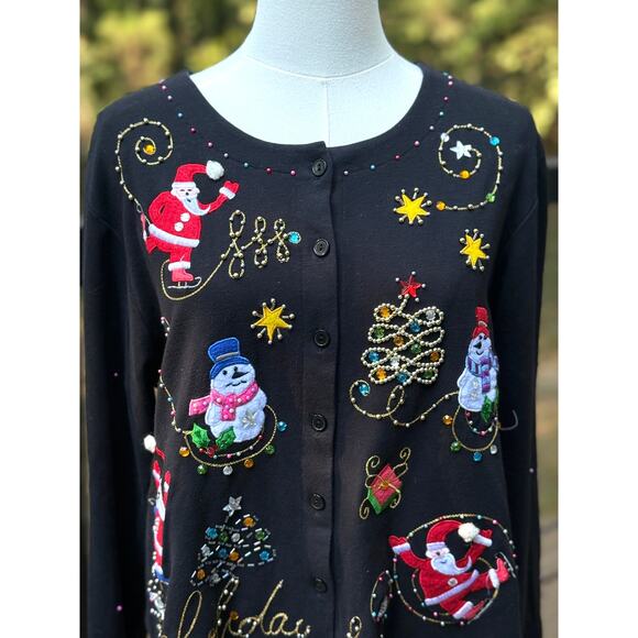 Jack B Quick Vintage Christmas Cardigan Santa Snowman Beaded Holiday Sweater L - Picture 6 of 8